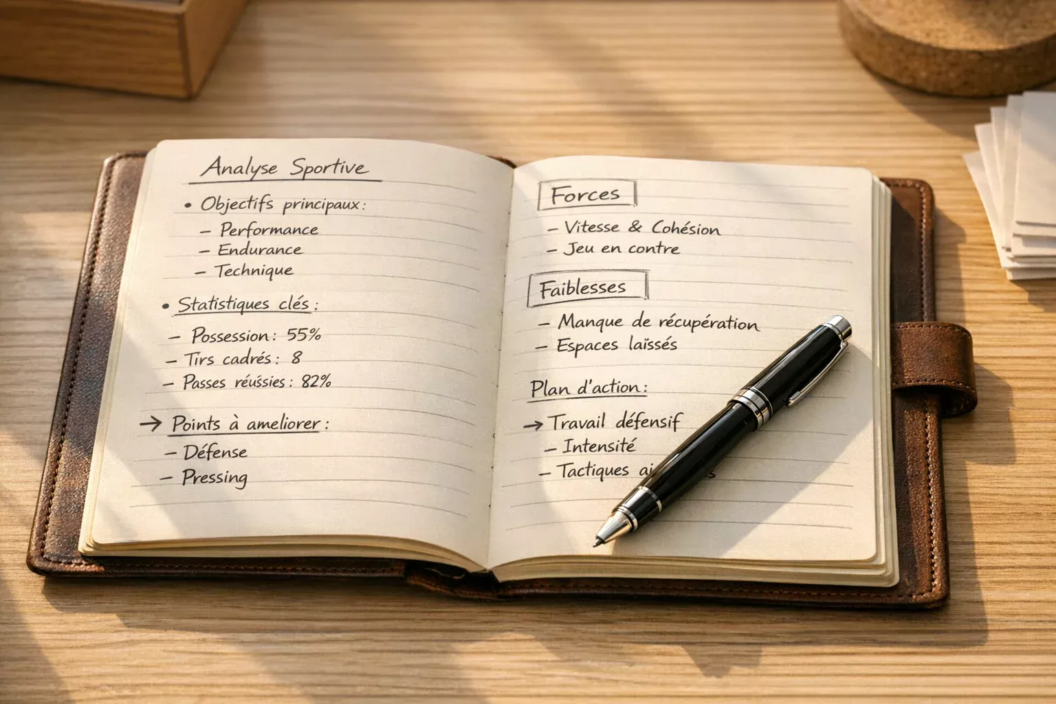 Cuaderno con notas de análisis deportivo junto a un bolígrafo