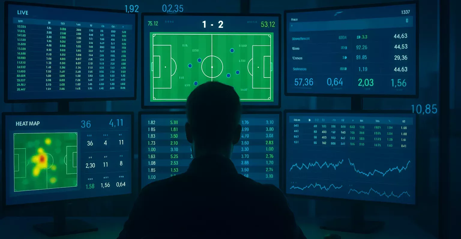 Trader de apuestas monitoreando cuotas en vivo con múltiples pantallas y estadísticas