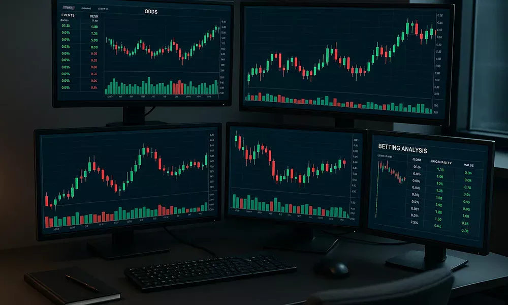 Configuración profesional de trading deportivo con múltiples pantallas mostrando cuotas