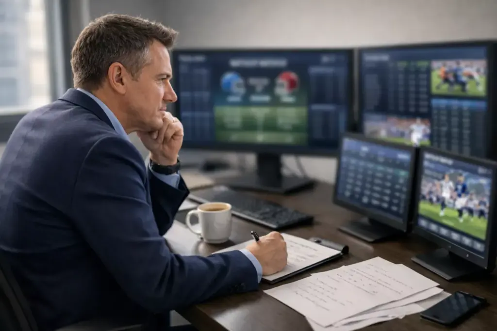 Analista deportivo estudiando datos de partidos de fútbol