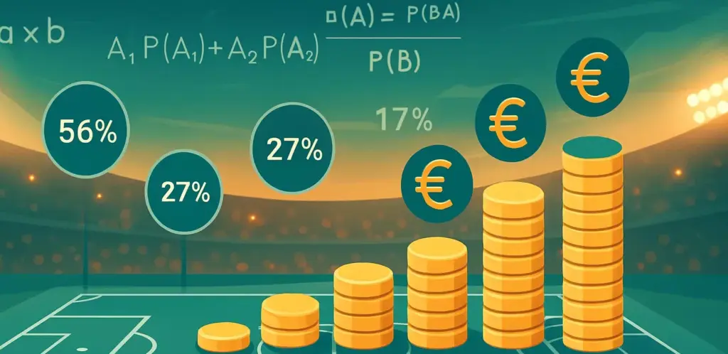 Concepto de value betting en La Liga española con fórmulas matemáticas y estadio de fútbol