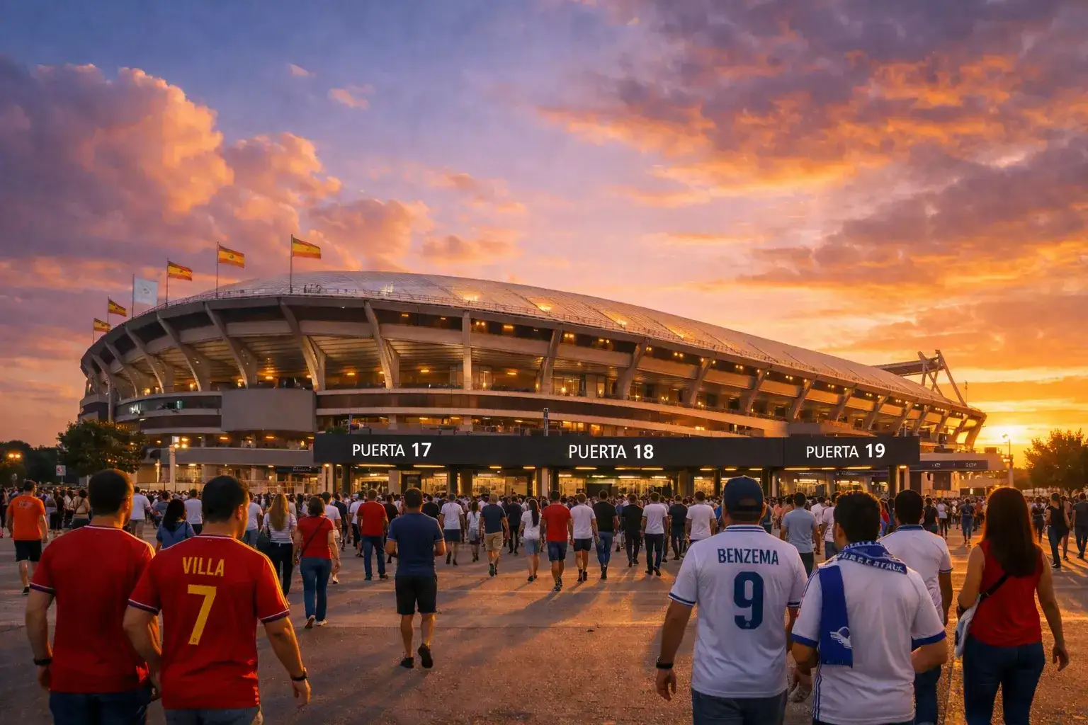 Vista de un estadio de fútbol español al atardecer con aficionados entrando